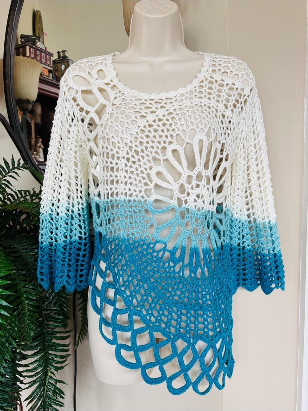 Dress Barn Open Knit Crochet Teal Dip-Dye Ombre Asymmetrical Boho Sweater Top